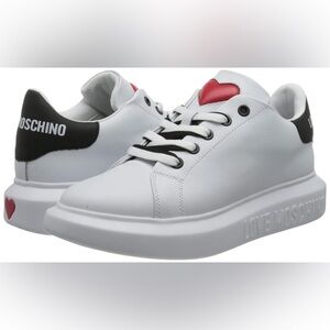 Love Moschino White and Black Sneakers with Red Heart